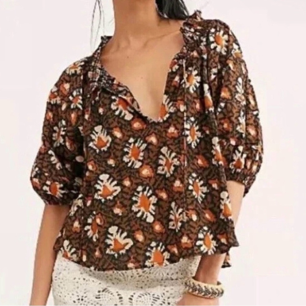 Free People Willow Print Puff Sleeve Blouse